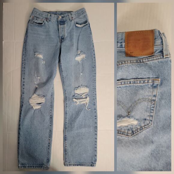 Levis 501 Premium Jeans Womens 28 Straight Distressed High Rise Button Fly Big E - Picture 1 of 14
